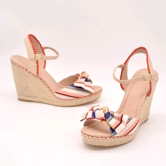 $10 Sale Kate Spade Jane Espadrille Wedge Berber Stripe Bow Heels Sandals 7.5 - Picture 1 of 12